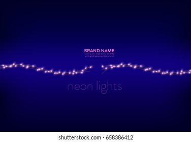 Vector illustration of a purple background with a several lines of pink neon lights and broken wires. Banner, poster for advertising holiday discounts and sales