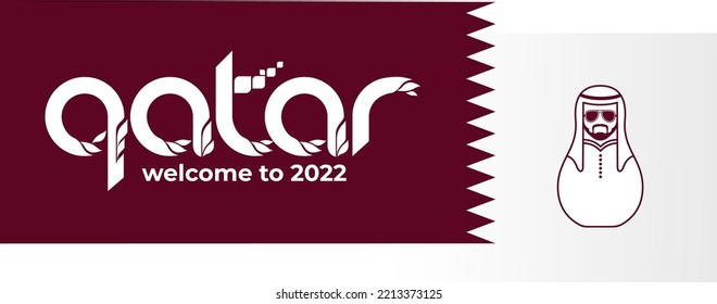  Vector illustration purple background. Soccer World Cup. Qatar 2022. Lettering Welcome to Qatar. World of Qatar pattern with modern and traditional elements.