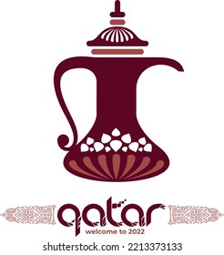  Vector illustration purple background. Soccer World Cup. Qatar 2022. Lettering Welcome to Qatar. World of Qatar pattern with modern and traditional elements.