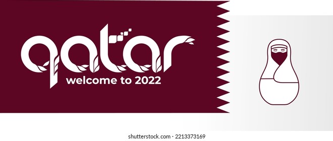  Vector illustration purple background. Soccer World Cup. Qatar 2022. Lettering Welcome to Qatar. World of Qatar pattern with modern and traditional elements.