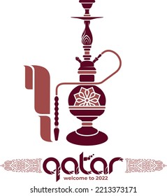  Vector illustration purple background. Soccer World Cup. Qatar 2022. Lettering Welcome to Qatar. World of Qatar pattern with modern and traditional elements.