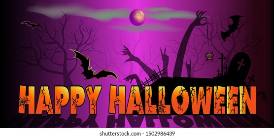 Vector illustration of a purple banner for Halloween. Drawing of bats and hands of monsters.