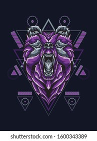 Vector illustration purple bear in sacred geometry pattern