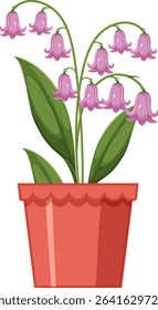 Vector illustration of purple bellflowers in a terracotta pot. Clean lines, vibrant colors, and a minimalist style
