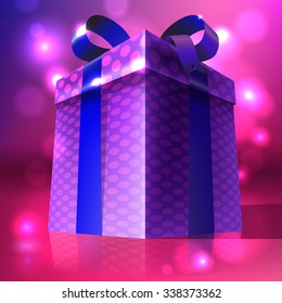 Vector illustration of a purple big gift box with a blue bow. Big present. Dotted box. Reflective surface.