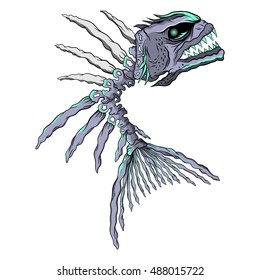 Vector illustration of a purple and blue skeleton bony piranha.  