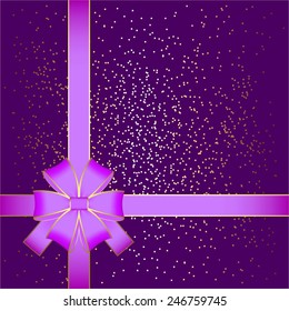 Vector illustration of Purple bow on a purple background with sparkles.