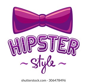 Vector illustration of purple bow tie and lettering hipster style on white background. Hand draw typographical line art design for web, site, advertising, banner, poster, board and print.
