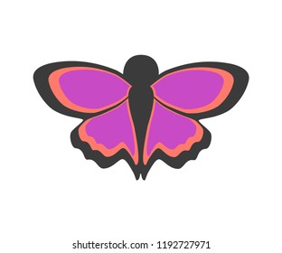 Vector illustration of purple butterfly. Isolated. As atemplate of print, element of logo. Flat design