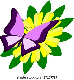 Vector illustration of a purple butterfly on a golden sunflower