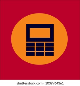 Vector illustration. Purple calculator with a dial on an orange and red background. Office and school.