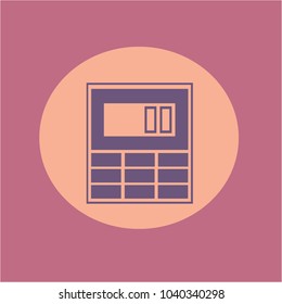 Vector illustration. Purple calculator with a dial on a raspberry and orange background. Office and school.