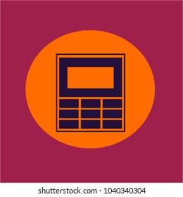 Vector illustration. Purple calculator with a dial on an orange and crimson background. Office and school.
