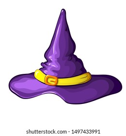 Vector illustration of purple cartoon Halloween witch hat with buckle isolated on white background. Symbol of witchcraft. Halloween decorative costume element. witch hat icon for halloween.
