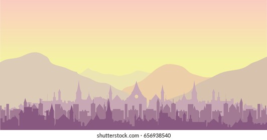 vector illustration of purple cityscape 
mountains and hills, sunset sky