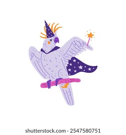 Ilustração vetorial de papagaio de cacatua roxo em traje bruxo. Personagem infantil bonito com chapéu, capa e varinha mágica com estrelas. Pássaro exótico em estilo de desenho animado plano. Plano de fundo isolado.