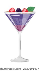 Vector illustration of a purple cocktail with strawberries, blackberries and ice cubes on a white background in a flat style. Suitable for menu design, food stickers, scrapbooking.