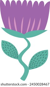 Vector illustration in purple color. Vector illustration for Easter, nature and spring design, isolated on white, with a green leaf. Vector stock illustration.