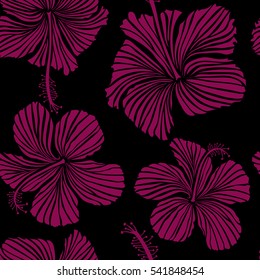 Vector illustration in purple colors on a black background. Seamless tropical flower, hibiscus pattern.