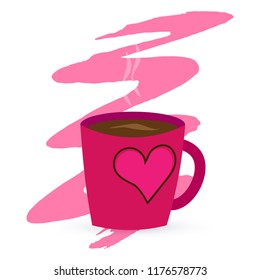 Vector illustration. A purple cup with coffee or tea and heart. on a blot