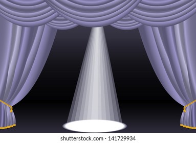 Vector illustration of purple curtains with a light.