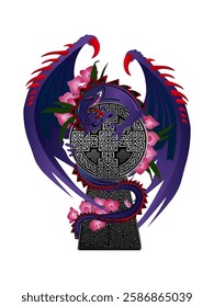 Vector illustration of purple European dragon holding Celtic cross with pink flowers