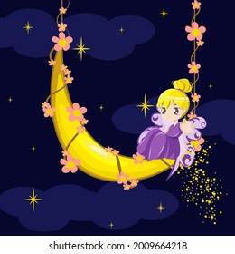Vector illustration purple fairy  Sit the crescent moon  Pink flowers  Sparkling stars   dust fairy  Cute purple fairy background 