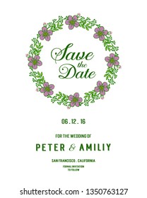 Vector illustration purple flower frame for wedding invitation card hand drawn