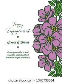 Vector illustration purple flower frame with lettering style of happy engagement of hand drawn