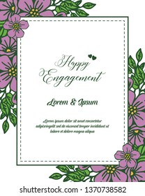 Vector illustration purple flower frame with lettering style of happy engagement of hand drawn