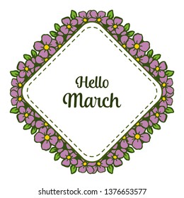 Vector illustration purple flower frame for banner hello march hand drawn