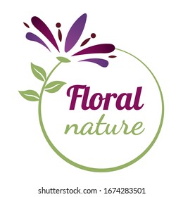 Vector illustration of a purple flower with green leaves and cursive text for logos and designs.