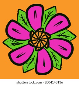 Ilustración vectorial de una flor púrpura con hojas verdes sobre un fondo naranja