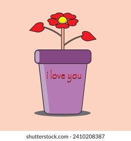 Vector illustration with purple flower pot.A plant growing out of a flower pot.A flower with red leaves in the shape of a heart.A flower composed of hearts.The inscription on the flowerpot:I love you