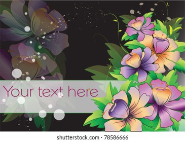 vector illustration of purple flowers with leaves on black  background with space strip for your text