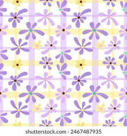 Vector illustration of purple flowers on a stock pattern background of purple, yellow and white pastels for fabric pattern designs, gift wrapping paper, bags, notebook covers, wallpaper, bedspreads.