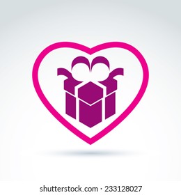 Vector illustration of a purple gift box sign placed in a heart symbol. Vector holiday present icon given with love. svg