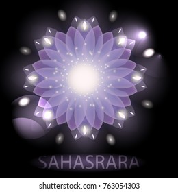 Vector illustration of purple glow mandala flower. 7th Chakra Sahasrara with bright ligths for tribal design, spa, yoga, meditation centre logo, emblem, card, greeting. EPS 10
