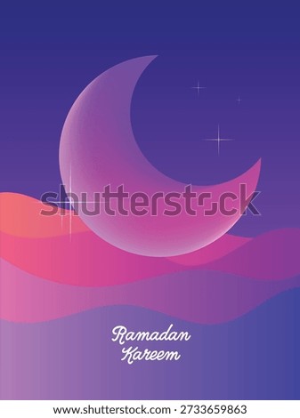 Vector illustration with a purple gradient background featuring a crescent moon and sparkle accents, designed for Ramadan greeting cards, festive marketing, social media, and print use.