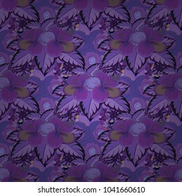 Vector illustration of purple, gray and violet hibiscus flowers. Seamless pattern with purple, gray and violet flowers. Vector illustration.