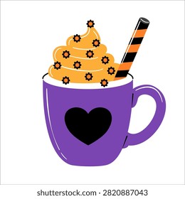 Vector illustration of a purple Halloween coffee mug with a black heart symbol, topped with orange whipped cream, floral sprinkles, and a striped straw, isolated on white. Perfect for autumn beverage graphics, pumpkin spice latte themes, spooky party invitations, sticker packs, apparel prints, menu design, and festive seasonal decor. EPS 10