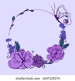 Vector illustration. Purple hand drawn flowers in circle. Beautiful spring card 