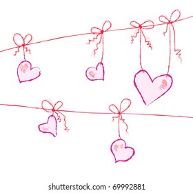 Vector illustration of purple hearts hanging on strings