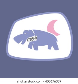 Vector illustration of purple hippo wearing close store sign