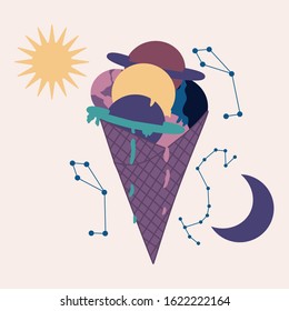 vector illustration with purple ice cream, planets and celestial elements, perfect to use on the web or in print