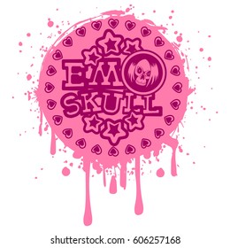Vector illustration purple inscription emo skull with stars and hearts on pink background and skull with hair. Design for print on t-shirt.