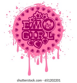 Vector illustration purple inscription emo girl with stars and hearts on pink grunge background and skull with hair. Design for print on t-shirt.