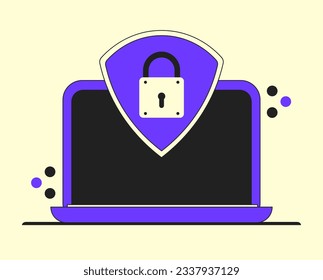 Vector illustration of a purple laptop with a black screen and a white keyboard. A purple shield with a white lock symbolizing data protection.