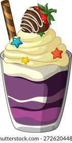 Ilustração vetorial de uma sobremesa em camadas roxas coberta com chantilly, polvilhos e morango