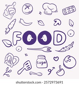 Vector illustration of purple line doodle style with food lettering, greenery with lettuce leaves, pepper, banana and fork, chef's hat, sugar, bread, cutting board, packaging design, healthy food, let